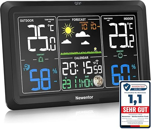 Newentor Wetterstation Funk mit Außensensor - Lebenslange Außensensor-Garantee - Lebendiges VA-Display für 330°Ablesbarkeit - Dauerhafte Beleuchtung, Schwarz