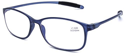 DOOViC Flexible Bügel Lesebrille1,5 Blaulichtfilter Computer Brille mit Stärke für Damen/Herren (Blau/Rechteckig)