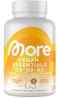 MORE Vegan Essentials O3-D3-K2, 80 Kapseln | Veganes Omega 3 aus Algenöl, mit Vitamin D3 & Vitamin K2, Kapselhülle aus Stärke (Design kann variieren)