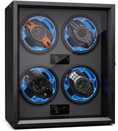 Klarstein Uhrenbeweger für Automatikuhren, Automatik-Uhrenbeweger für 4 Uhren mit Acryl-Tür, Automatischer Blaue LEDs, Watch Winder mit 4 TPD Einstellungen