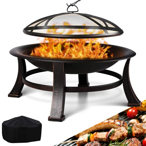 TLGREEN Feuerkorb mit Funkenschutz, Φ76cm Feuerschale mit Grillrost, Retro-Look Feuerstelle, Feuerschalen für den Garten, BBQ Feuerschale Grill, Stabil und Funktional, mit 4PCS Beinstütze, Groß