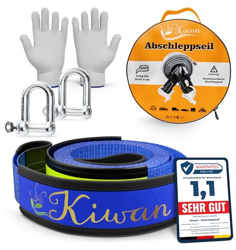 Kiwan Abschleppseil Offroad Zubehör Set 10 Tonnen, 5M x 5CM – Geprüfte Qualität – Reißfester Bergungsgurt für Wohnmobil, Auto, LKW, Pkw – Notfall Abschleppseil für Geländefahrzeuge.
