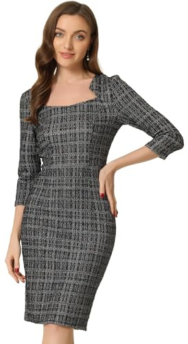 Allegra K Elegantes Arbeitskleid für Damen, figurbetontes Kleid aus Tweed, kariert, mit 3/4-Ärmeln