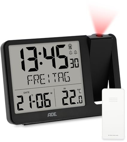 ADE Digitaler Funkwecker mit Projektion und Außensensor | Projektionswecker mit 2 Weckzeiten | Uhr mit Temperaturanzeige, Datum und Wochentag | inkl. Netzkabel | schwarz