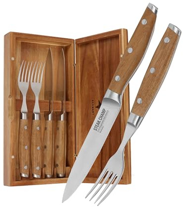 Steakchamp Fleischgabel und Steakmesser, 2 x 2 Stk.: Gabeln und Messer aus Klingenstahl, mit Mikrowellenschliff, Set 4-teilig, inkl. Holzkiste
