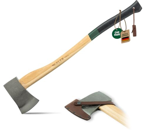 ADLER Yankeeaxt Fällaxt 1600g 80 cm C60 Hickorystiel Spalten Grün | Dünn geschmiedetes Blatt in Yankee-Form zum Entasten mit dreifacher Sicherheitsverkeilung und Lederschutz Made in Germany