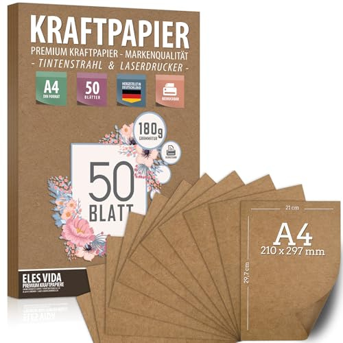 50 Blatt Kraftpapier A4 Set - 180 g - 21 x 29,7 cm - DIN Format - Bastelpapier & Naturkarton Pappe Blätter aus Kraftkarton zum Drucken, Kartonpapier Basteln für Vintage Hochzeit Geschenke Etiketten