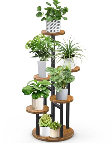 STLOVe Pflanzenständer Hölzern Blumenständer 6 Etagen Blumenregal Pflanzenregal Ecke Metall Innen Außen für Mehrere Pflanzen Wohnzimmer Ecke Outdoor Balkon Garten, Schwarz