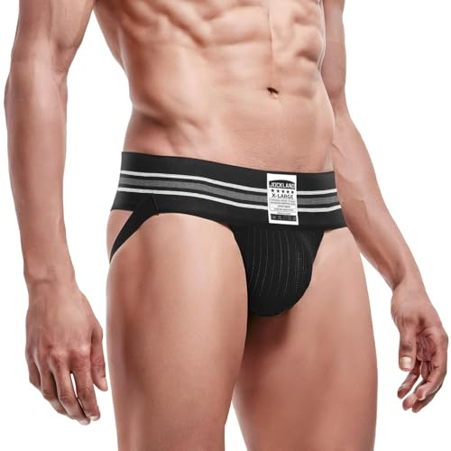 Bibalabili Herren Jockstrap, Atmungsaktive Mesh Unterwäsche mit Breitem Bund, Sportlicher Suspensorium Slip für Fitnessstudio und Training (DE/NL/SE/PL, Alphanumerisch, M, Regular, Regular, Schwarz)