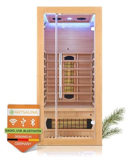 Artsauna Infrarotkabine Kiruna90 mit 4 Vollspektrum- & 3 Flächenstrahler, 1 Person, 90 x 90 x 190 cm, LED Farblicht & Glastür, Infrarotsauna Sauna