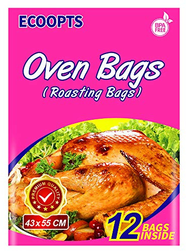 ECOOPTS Ofenbeutel, große Truthahngröße, für Ofen, Kochen, Bratbeutel für Truthahn, Huhn, Fleisch, Schinken, Meeresfrüchte, Gemüse (43 x 55 cm), BPA-frei, Kordelzug, Rosa, Kunststoff, Wegwerfbar