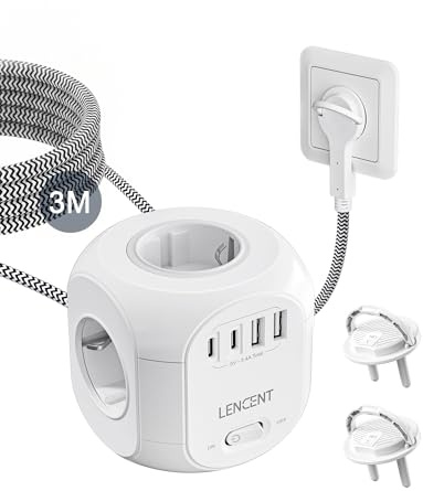 LENCENT 4 Fach Steckdosenleiste Flachstecker Steckdosenwürfel 3 Meter | Mehrfachsteckdose 8 in 1 Cube Steckdose Steckerleiste mit USB C, Mehrfachstecker mit Geflochtenem Kabel für Wandsteckdose