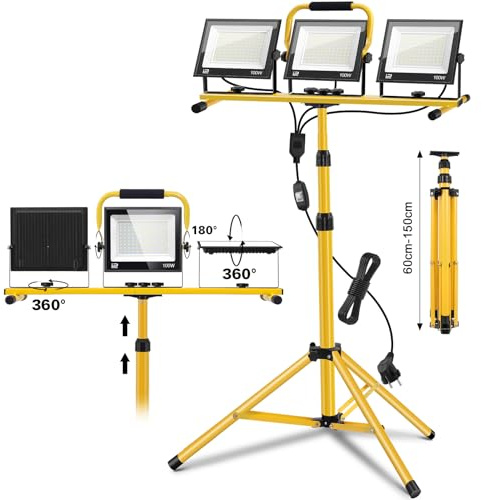 wspeed Led Baustrahler mit Stativ, 300W 30000LM 6500K Arbeitsleuchte, IP66 Wasserdicht, Einstellbare Richtung, für Garage & Baustelle
