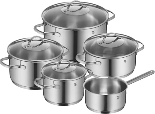 WMF Provence Plus Topfset 5-teilig für Induktion und alle Herdarten, Töpfe aus Cromargan Edelstahl mit Glasdeckel, breitem Schüttrand, spülmaschinenfest, unbeschichtet, Kochtopfset für gesundes Kochen