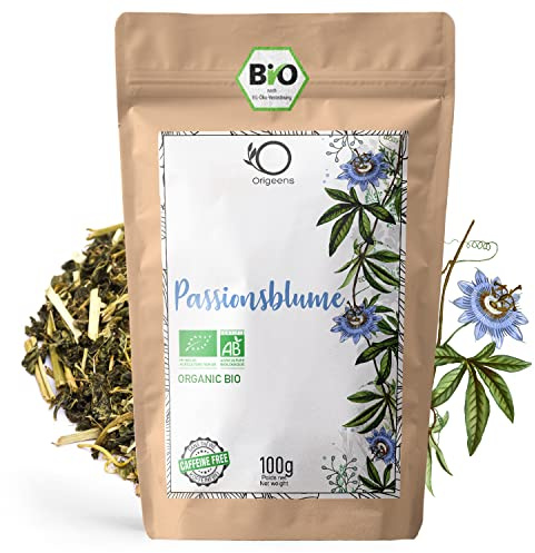 ORIGEENS Bio Passionsblumentee 100g | Schlaftee und ruhiger Tee | Passiflora Bio-Kräutertee, oberirdische Teile von Passiflora incarnata (Blätter, Stängel, Blüten)
