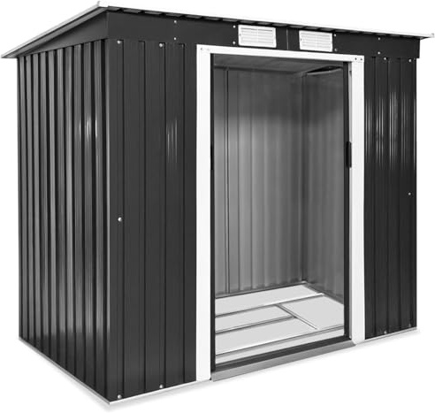 tectake® Metall Gartenhaus mit Schrägdach, Geräteschuppen Garten mit Schiebetür, Gerätehaus mit Metallfundament, als Gartenschuppen, Gartenhütte oder Fahrradgarage, 4 m³ Lagerfläche - grau/weiß