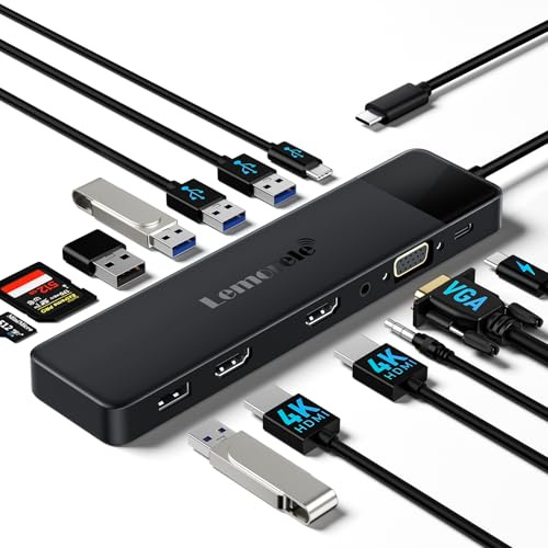 Lemorele USB C Hub 14-in-1 Docking Station, 3X Display (2 HDMI 4K + VGA), 5 USB Ports (3X USB 3.0), 100W PD, SD/TF Card Reader, Audio, für MacBook, Dell, Windows (Kompatibel mit USB-C Geräten)