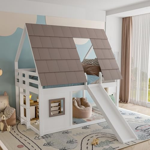 EINHOM Kinderbett 140x200 cm, Etagenbett mit Dach, Leiter und Rutsche, Hausbett mit Rausfallschutz, Lattenrost aus Holz, MDF+Kiefer, Weiß+Braun, Ohne Matratze