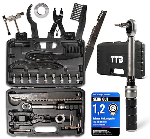 TTB Fahrrad Werkzeugkoffer mit präzisem Drehmomentschlüssel 1–25 Nm Tragbares Reparaturset für MTB, Rennrad & Gravel, Kettenpflege-Set, Kettennieter, Speichenschlüssel, Montagewerkzeug & Profi-Bits
