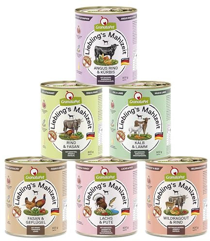 GranataPet Liebling's Mahlzeit Multipack 2, Nassfutter für Hunde im Probierpaket, Alleinfuttermittel ohne Getreide, Hundefutter mit hohem Fleischanteil & hochwertigen Ölen, 6 x 800 g