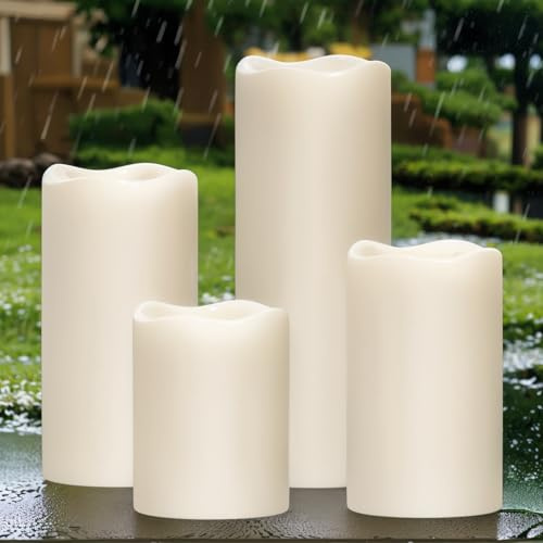 Eldnacele Wasserdichte Flammenlose Kerzen mit Timerfunktion, Batteriebetriebene Große LED Kerzen für Außen Garten Laternen, Flackerlicht, Set mit 4 Stück, Creme