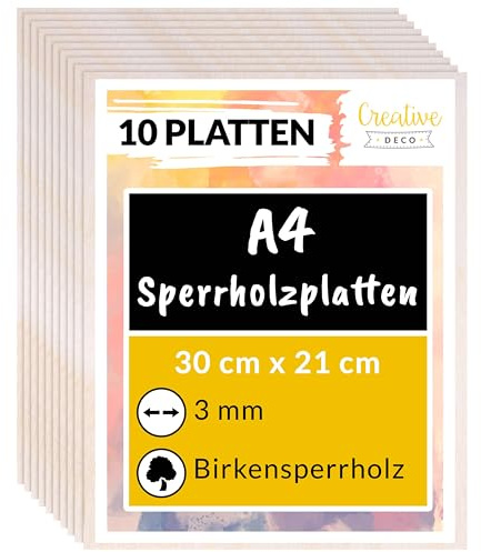 Creative Deco 10 x A4 Sperrholzplatte 3mm | 300 x 210 (+/- 2) mm | Birkensperrholz Dünne holz-Zuschnitte | Perfektes Blatt für Laubsäge, Brandmalerei, Laserschnitt, CNC Router, Durchbrochenes