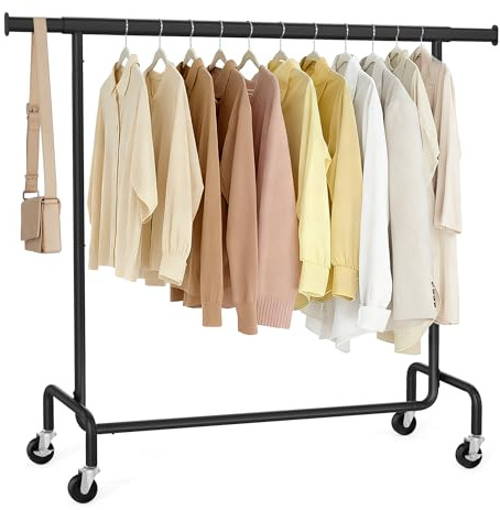 SONGMICS Kleiderständer auf Rollen, Garderobenständer, hochbelastbar, ausziehbare Kleiderstange, bis 130 kg belastbar, 45 x (110-150) x 162,9 cm, aus Metall, verchromt, Mattschwarz HSR011B01