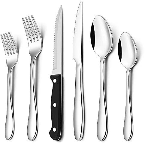 Herogo Besteck Set 6 Personen, 36-teiliges Edelstahl Besteck Set mit Steakmesser, Besteckset mit Gabel Messer Löffel, Elegantes Essbesteck für Haus/Restaurant, Spülmaschinenfest & Rostfrei, Silber