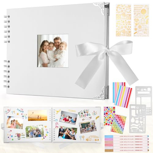 DazSpirit Fotoalbum 29,5 X 21cm Fotoalbum Zum Selbstgestalten Schwarz Fotobuch Mit 80 Seiten Scrapbook, Für 160 Bilder, Inkl.6 Metallic Farbmarker, Gästebuch Für Geburtstag Und Hochzeit(Weiß)