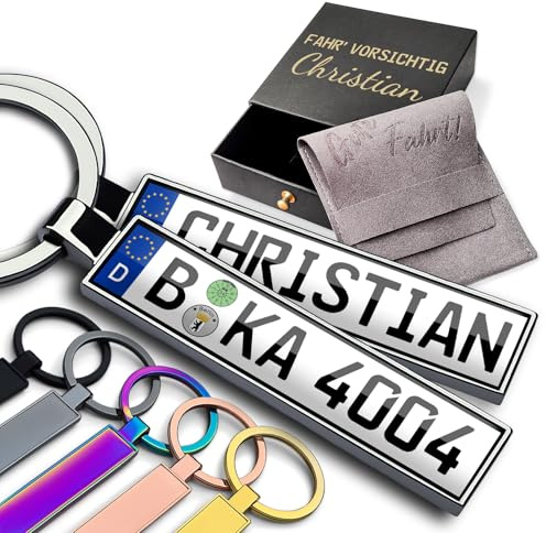 Internetservice Timo Lindner Personalisierter Kennzeichen-Schlüsselanhänger beidseitig mit Namen Geschenk Männer Auto Führerschein Mini Nummernschild Gravur 6 Farben