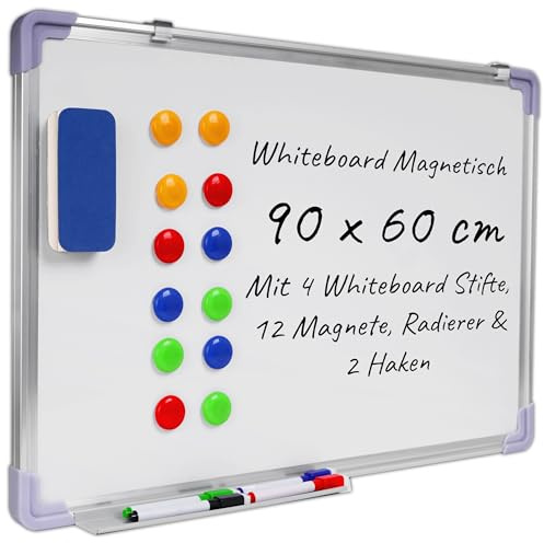 KRUMAD Whiteboard Magnetisch 90x60cm, Inkl. 4 Whiteboard Stifte und 12 Magnete, Magnettafel mit Zubehör, Abwischbare Schreibtafel mit Metallrahmen, Radierer & 2 Haken, Für Büro & Kinderzimmer