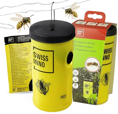 SWISSINNO Wespenfalle mit Lockstoff – Wiederverwendbare Falle inkl. Köderportion, frei von klassifizierten Chemikalien, für Garten Terrasse Balkon Spielplatz Müllplatz – zum Aufhängen oder Stellen