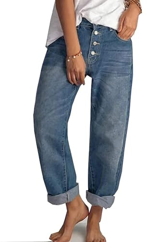 FYCYGG Barrel Jeans für Damen, weites Bein, Cropped-Jeans, hohe Taille, Baggy, Boyfriend-Mom-Denim-Knöchelhose mit Taschen(L)