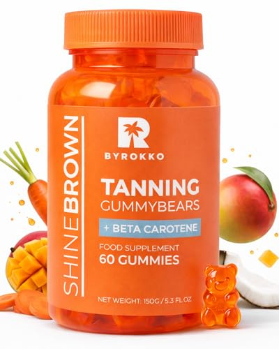 BYROKKO Shine Brown Beta-Carotin Tanning Gummies – Vegane Bräunungsgummis für natürliche Bräune – Nahrungsergänzung mit Vitamin A und C – Fruchtiger Geschmack – 1 Monat Vorrat