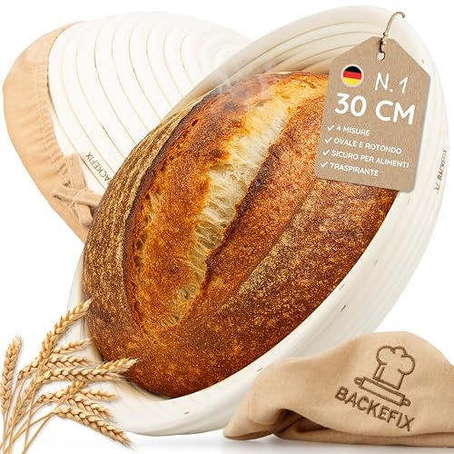 Backefix Gärkorb rund 30 cm groß | rundes Gärkörbchen für große Brote bis 1800g Teig | mit Leinentuch für gleichmäßige Gärung | aus natürlichem, lebensmittelechtem Peddigrohr | Zubehör zum Brot backen
