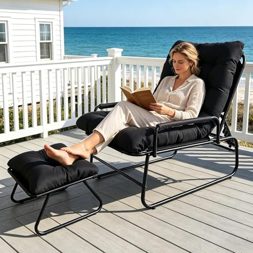 OVLRIJP Loungesessel Outdoor, Balkonsessel Liegestuhl Gartenliege, Relaxsessel Garten mit Hocker, Auflage Abnehmbar, 5-Positionen Liegefunktion, Relaxliege für Garten, Terrasse, Balkon, Schwarz