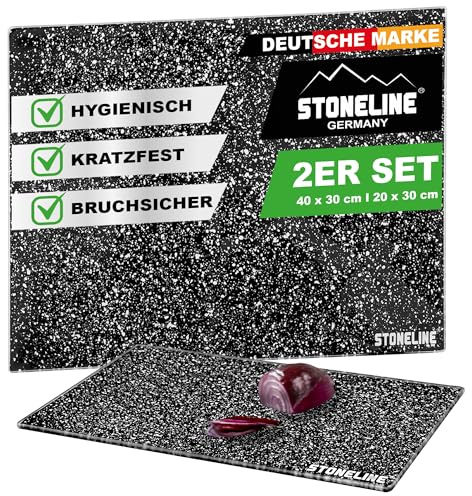 Stoneline Glas Schneidebrett, Schneidbretter Set 2-teilig, Stoneline Optik, hitzebeständig, Schneidbrett für Fleisch, Fisch, Obst, Gemüse