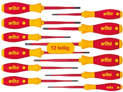 Wiha Schraubendreher Set 12-teilig, VDE geprüft, isoliert 1.000 V (41003) I Profi Schraubenzieher Set mit dünner Spitze Schlitz/Kreuz/Kreuzschlitz/Torx/Plusminus I Elektriker Werkzeug