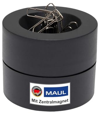 MAUL Klammernspender MAULpro | Ø7,3x6cm | Schreibtisch Organizer für Büroklammern | Schreibtisch Zubehör mit Magnet für Büro | Inklusive 15 Klammern | Stilvoller Büroklammernspender | Schwarz