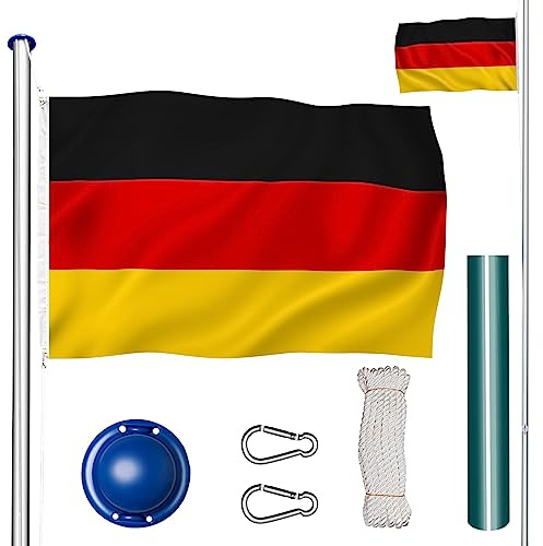 tectake Fahnenmast aus Aluminium, Teleskop Fahnenstange Set mit Flagge, Bodenhülsen, Seilzug, höhenverstellbar bis zu 6,50 m - ideal für Balkon, Garten, Festival und Camping - Deutschland