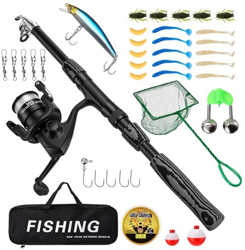 Teleskopangel 1,8m Set, Angelset Spinnrollen mit Angelrute Ködern Kescher Angelschnur Angelzubehör und Angel-Tasche Angel-Set komplett zum Angeln in Salzwasser und Süßwasser
