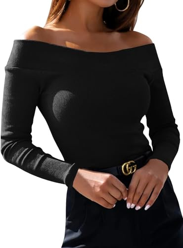 Fessceruna Damen Langarmshirt Sexy Schulterfreies Pullover Elegant Herbst Oberteile Casual Slim Fit(Schwarz,XL)