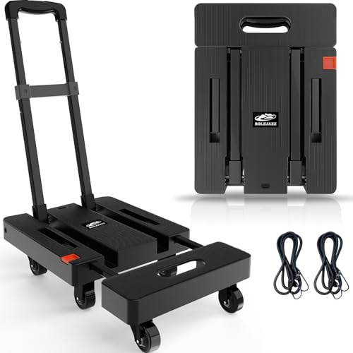 SOLEJAZZ klappbarer Handtransportwagen, tragbarer Transportwagen für Umzug, 227 kg Gepäcktransportwagen mit 6 Rädern und 2 Spanngurten für Gepäck, Reisen, Umzug, Einkaufen, Bürogebrauch, Schwarz