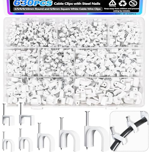 mxuteuk Stk Kabelschellen Nagelschellen, 4/5/6/8/10 mm Rund und 5/6 mm Quadrat Kabelklemmen mit Nagel,Drahtwandklemmen, RG6 RG59 CAT6 RJ45 Kabelklemmen（630PCS ）