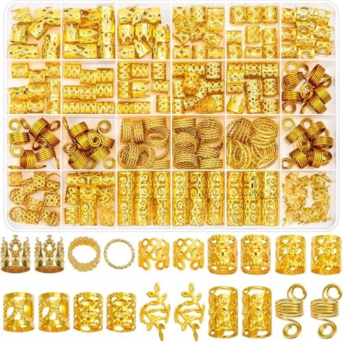 Lucomb 220 Stück Gold-Haarschmuck für Zöpfe, Loc Schmuck für Haar-Dreadlock, Haaranhänger für Frauen, Metall-Gold-Zöpfe, Ringe, Manschetten-Clips für Dreadlock-Zubehör, Haar-Zöpfes