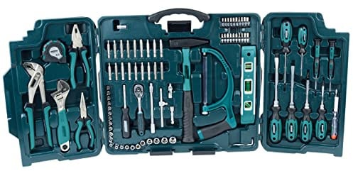 Brüder Mannesmann Haushalts-Werkzeugkoffer, 89-teilig - Universal-Werkzeugset mit Werkzeug aus Chrom-Vanadium-Stahl - inkl. Säge, Hammer, Zangen, Steckschlüssel, Umschaltknarre & Wasserwaage | M29085