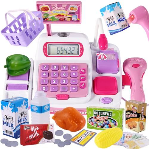BUYGER Elektronische Kasse Kaufladen Kinder, Spielkasse Kinder mit Scanner und Sound, Kinderkasse mit Spielgeld, Supermarkt Rollenspiel Spielzeug, Geschenk für Mädchen Jungen ab 3 Jahre (Rosa)