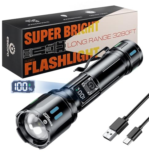 Esgofo Taschenlampe LED Aufladbar Extrem Hell 500000 Lumens，Sehr Helle Lang Anhaltend 15 STD USB C Flashlight Große Reichweite 1000M, Einstellbar Fokus & Lichtmodi Torch Light für Outdoor Security