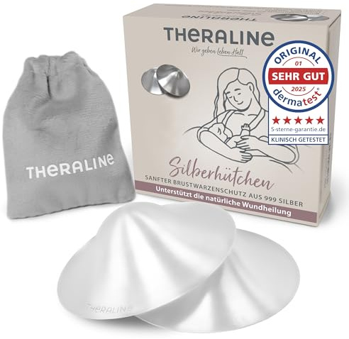 Theraline Silberhütchen aus reinem Silber 2 Stück | Brustwarzenschutz beim Stillen | Natürliche Hilfe bei wunden Brustwarzen | Stillhütchen Dermatologisch getestet | Wiederverwendbar & nachhaltig 46mm