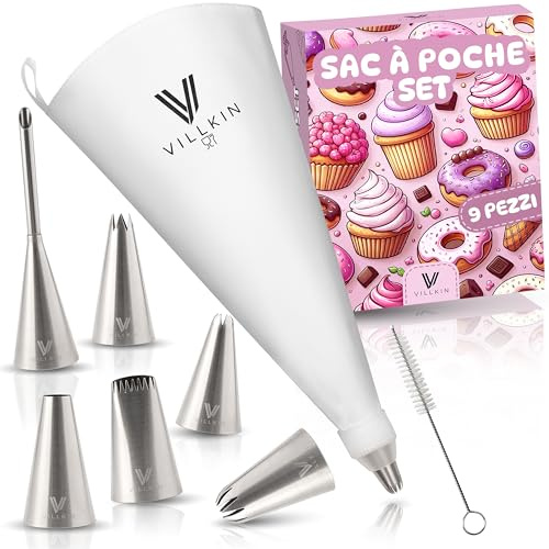 Villkin Spritzbeutel Set mit Tüllen, 9-teilig – 34 cm wiederverwendbare Spritztüte mit 6 Edelstahl Spritztüllen, Adapter und Reinigungsbürste – für Torten, Kuchen, Cupcakes, Muffins, Kekse